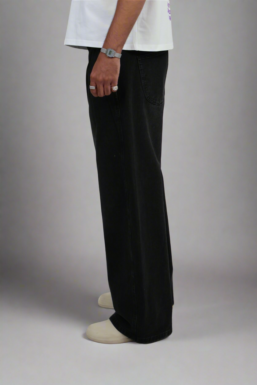 Pleated Wide Leg Denim Pants - Black