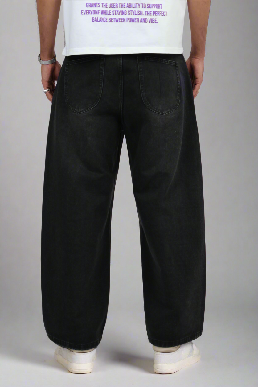 Pleated Wide Leg Denim Pants - Black