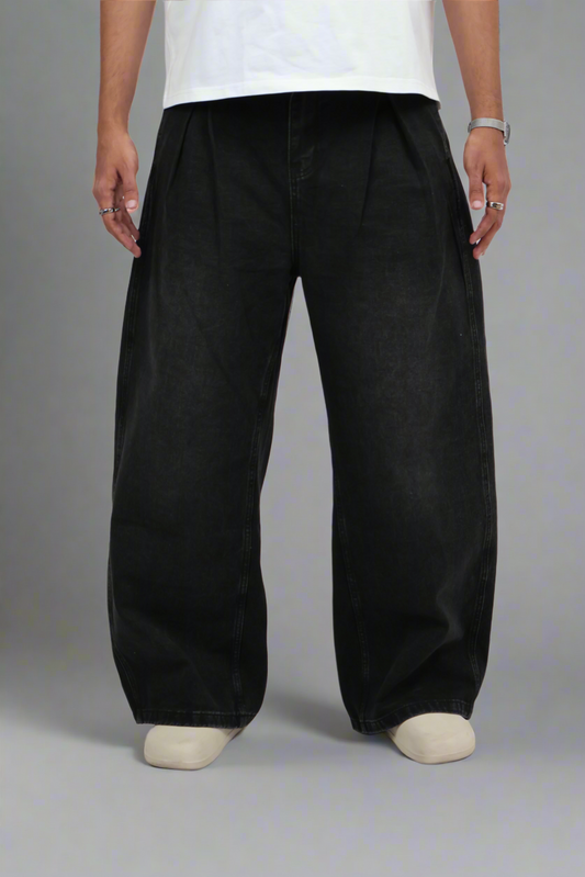 Pleated Wide Leg Denim Pants - Black